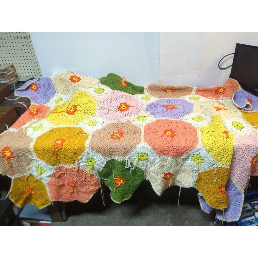 Vintage 6' X 4' Crochet Knit Afghan Blanket Throw White Colorful Granny Square